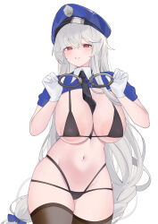  1girl absurdres alternate_costume areola_slip arknights between_breasts bikini black_bikini black_necktie black_thighhighs blue_bow blue_hat blue_shirt blush bow breasts chunta commentary cowboy_shot cuffs gloves grey_hair hair_ribbon handcuffs hat highres holding holding_handcuffs large_areolae large_breasts long_hair looking_at_viewer low-tied_long_hair multi-strapped_bikini_bottom navel necktie necktie_between_breasts parted_lips peaked_cap police_hat red_eyes ribbon shirt shrug_(clothing) simple_background smile solo specter_(arknights) standing string_bikini swimsuit thighhighs tress_ribbon very_long_hair white_background white_gloves 