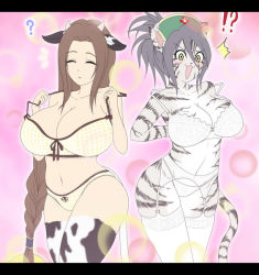  !? 2girls ? animal_ears blush bra breasts cleavage cow_ears cow_print cow_tail furry homura_(haku89) huge_breasts large_breasts multiple_girls surprised tail thighhighs underwear  rating:Questionable score:63 user:Informacide