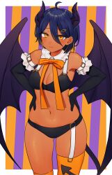  1girl agamemega antenna_hair bat_wings bikini black_bikini black_gloves blue_hair border bow bowtie breasts cleavage collar colored_sclera demon_girl demon_horns demon_tail elbow_gloves frilled_collar frilled_gloves frills garter_straps gloves hair_between_eyes hair_ornament hairclip hands_on_own_hips highres horns looking_at_viewer navel orange_background orange_bow orange_bowtie orange_thighhighs original outside_border purple_background short_hair single_garter_strap solo standing striped_background swimsuit tail thighhighs toned_female white_border wings yellow_sclera 