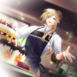 1boy :d apron black_apron blonde_hair blueberry blurry blurry_background braid braided_bangs cake chocolate_syrup collared_shirt dairoku_ryouhei falchet_hubert flower food fruit hair_bun indoors kitchen layer_cake lens_flare looking_at_viewer mint open_hand open_mouth orange_(fruit) orange_slice pointy_ears purple_eyes ranuki red_flower red_rose rose shirt single_hair_bun single_sidelock sleeves_rolled_up smile solo sparkle standing strawberry tray upper_body white_shirt 