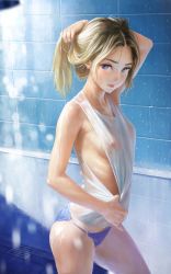 1girl blonde_hair blue_eyes breasts clothes_pull highres holding holding_own_hair long_hair looking_away nababa nipples see-through shirt_pull shower small_breasts solo water_drop wet wet_clothes rating:Questionable score:239 user:ssfl