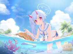 1girl absurdres all_fours ball beach beachball bikini blue_archive blue_bikini blue_bow blue_hair blue_halo blush bow breasts camisole child_(isoliya) chise_(blue_archive) chise_(swimsuit)_(blue_archive) cloud collarbone coral game_cg gradient_horns halo highres horns long_hair looking_at_viewer loose_bikini multicolored_horns non-web_source official_alternate_costume official_art oni open_mouth outdoors palm_tree partially_submerged partially_underwater_shot pointing pointing_at_viewer pointy_ears red_eyes red_horns red_pupils sailor_bikini sailor_collar sea_turtle see-through see-through_camisole side-tie_bikini_bottom side_ponytail skin-covered_horns small_breasts solo striped_bikini striped_clothes swimsuit tree turtle two-tone_bikini wet wet_clothes wet_swimsuit white_bikini white_sailor_collar white_wristband