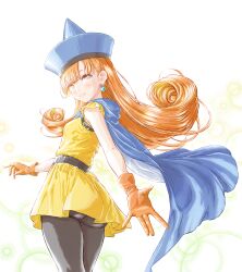  1girl absurdres alena_(dq4) ass belt blue_cape blunt_bangs blush cape commentary_request curly_hair dangle_earrings dragon_quest dragon_quest_iv dress earrings eyelashes from_behind gloves hat highres jewelry long_hair looking_at_viewer momo_oddeye orange_gloves orange_hair pantyhose reaching reaching_towards_viewer red_eyes short_dress short_sleeves smile solo standing very_long_hair white_background yellow_dress 