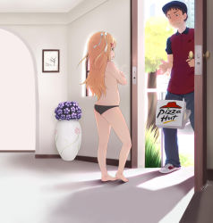  1boy 1girl age_difference bad_id bad_pixiv_id barefoot baseball_cap black_hair black_panties blonde_hair blue_pants blush bow closed_mouth crossed_arms dfer doorway dropping exhibitionism eyebrows_visible_through_hair flower food green_eyes hair_bow hair_ornament hair_ribbon hairclip hat indoors loli long_hair looking_at_another open_door open_mouth panties pants pizza pizza_delivery pizza_hut purple_flower red_shirt ribbon shirt shoes short_hair standing topless underwear vase very_long_hair white_ribbon window  rating:Questionable score:81 user:RB26