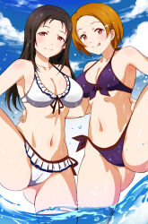  2girls absurdres bare_shoulders bikini box_wonderland breasts brown_hair cameltoe cleavage closed_mouth cloud clover_hair_ornament gluteal_fold hair_ornament highres large_breasts licking_lips long_hair looking_at_viewer love_live! love_live!_sunshine!! medium_breasts multiple_girls navel ocean one_leg_raised outdoors partially_submerged purple_bikini red_eyes short_hair siblings sisters sky smile swimsuit takami_mito takami_shima tongue tongue_out water wet wet_hair white_bikini 