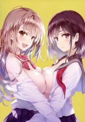  2girls absurdres bare_shoulders blush breast_press breasts brown_eyes brown_hair closed_mouth comic_aun fingernails from_behind from_side highres large_breasts light_brown_hair lips long_hair looking_at_viewer medium_breasts misaki_kurehito multiple_girls nipples off_shoulder open_clothes open_mouth ribbon scan school_uniform shiny_skin shirt short_hair simple_background skirt smile symmetrical_docking upper_body white_shirt yellow_background 