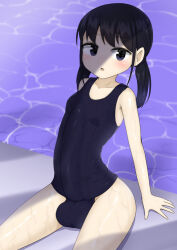  1girl anatto black_hair blush breasts bulge casual erection erection_under_clothes futanari huge_penis large_testicles loli looking_at_viewer penis pool poolside purple_eyes school_swimsuit sitting small_breasts solo swimsuit testicles thighs twintails 