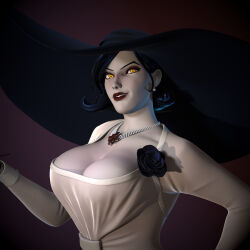  1girl 2021 3d alcina_dimitrescu alex_grey_3d black_flower black_gloves black_hair black_hat black_rose breasts capcom cigarette cigarette_holder cleavage close-up collarbone commentary dress earrings english_commentary evil_grin evil_smile female_focus flower gloves glowing glowing_eyes gradient_background grey_dress grin hand_on_own_hip hat highres holding holding_cigarette jewelry large_breasts long_dress long_sleeves looking_at_viewer mature_female necklace pearl_necklace red_lips resident_evil resident_evil_village rose short_hair simple_background smile solo sun_hat swept_bangs toon_(style) upper_body v-shaped_eyebrows vampire yellow_eyes 