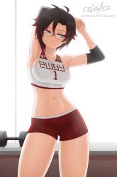 1girl armpits artist_name black_hair breasts cslucaris elbow_pads glasses looking_to_the_side medium_breasts multicolored_hair red_hair ruby_rose rwby short_hair shorts grey_eyes solo stomach stretching sweat thighs rating:Sensitive score:133 user:JustHere4Butts