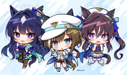  3girls :d animal_ears ascot bare_shoulders belt belt_buckle beret black_pantyhose black_shorts black_skirt black_socks blue_background blue_bow blue_hair blue_ribbon blush boots bow breasts brown_belt brown_hair buckle cheval_grand_(umamusume) commentary_request egasumi gloves hair_between_eyes hair_intakes hair_ribbon hat horse_ears horse_girl horse_tail jacket long_hair long_sleeves looking_at_viewer loose_socks mauve medium_breasts multicolored_hair multiple_girls open_mouth pantyhose parted_lips peaked_cap pleated_skirt purple_eyes ribbon shorts single_glove skirt smile socks streaked_hair tail twintails twitter_username two-tone_hair umamusume v_sisters verxina_(umamusume) very_long_hair vivlos_(umamusume) white_footwear white_gloves white_hair white_hat white_jacket white_skirt white_socks yellow_ascot 