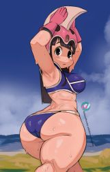  1girl absurdres armor armpits ass bikini bikini_armor black_eyes black_hair blue_bikini blush breasts butt_crack chi-chi_(dragon_ball) dragon_ball dragon_ball_(classic) female_focus helmet highres huge_ass large_breasts long_hair looking_at_viewer looking_back neo_hajime open_mouth plump resized shortstack sideboob solo standing sweat sweatdrop swimsuit thick_thighs thighs upscaled watermark wide_hips  rating:Questionable score:290 user:Richardneo