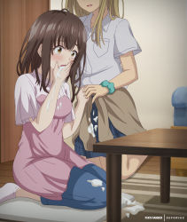  2girls after_rape aftersex artist_name blonde_hair brown_hair cardigan cardigan_around_waist carpet choked clothes_around_waist covering_own_mouth crying crying_with_eyes_open cum cum_in_mouth cum_on_clothes eufoniuz eyebrows female_focus gyaru head_out_of_frame hige_wo_soru._soshite_joshikousei_wo_hirou. indoors long_hair multiple_girls ogiwara_sayu sitting table tears vomiting_cum yellow_eyes yuuki_asami  rating:Explicit score:371 user:CouldIchoosemyusername