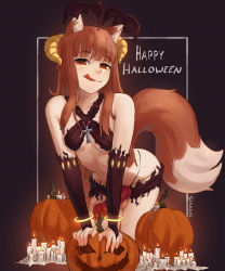  1girl animal_ear_fluff animal_ears animal_penis bent_over blunt_bangs breasts brown_hair candle closed_mouth dog_penis erection futanari halloween happy_halloween highres holo horns long_hair looking_at_viewer penis precum pumpkin red_eyes seraziel small_breasts solo spice_and_wolf tail testicles tongue tongue_out uncensored wolf_ears wolf_girl wolf_tail  rating:Explicit score:142 user:danbooru