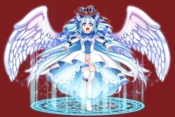  1girl angel_wings blue_hair boots breasts bright_pupils dress gloves hair_ornament halo loli long_hair magic_circle milith_(treasure_hunter_claire) nude_filter pussy red_eyes small_breasts spoilers thigh_boots third-party_edit treasure_hunter_claire underwear white_dress wings 