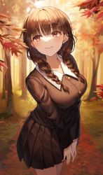 1girl absurdres autumn autumn_leaves black_shirt black_skirt blunt_bangs blush braid branch brown_eyes brown_hair buttons closed_mouth collared_shirt commentary cowboy_shot day english_commentary eyelashes forest grass hair_over_shoulder highres leaf long_hair long_sleeves looking_away looking_up mole mole_under_mouth monjja nature original outdoors path pleated_skirt road school_uniform shirt skirt smile solo standing sunlight tree twin_braids wing_collar rating:General score:5 user:danbooru