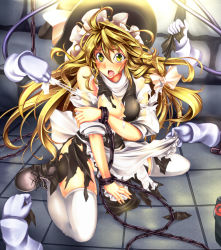 1girl apron bdsm blonde_hair bondage bound bow breast_hold breasts chain chained covering_privates cuffs female_focus floor hair_ribbon hat hat_bow hat_ribbon highres kirisame_marisa long_hair monikano open_mouth ribbon solo tears thighhighs torn_clothes touhou waist_apron wavy_hair white_thighhighs witch witch_hat yellow_eyes rating:Questionable score:27 user:danbooru