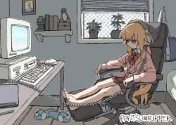  1girl :/ absurdres ahoge artist_logo bag barefoot bed bird blonde_hair blouse blue_shirt book bow bowtie cardigan chair closed_mouth collared_shirt commentary commission computer crt desk dog_slippers english_commentary framed_image full_body gabriel_dropout gabriel_tenma_white hair_between_eyes headphones highres indoors keyboard_(computer) linux long_hair long_sleeves looking_at_screen looking_to_the_side miniskirt mitsubishi_electric mouse_(computer) notebook office_chair pantsu-ripper pen penguin photo_inset pink_cardigan plaid plaid_skirt plant potted_plant purple_eyes qr_code real_life red_bow red_bowtie red_skirt school_bag shelf shirt sidelocks sitting skirt slippers solo swivel_chair terry_a_davis tux very_long_hair white_shirt window window_blinds wing_collar wooden_floor 