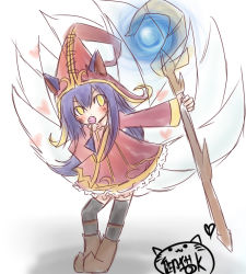  1girl aged_down ahri_(league_of_legends) animal_ears candy ears_through_headwear food fox_tail hand_on_back hand_on_own_hip hat heart league_of_legends leaning_forward lollipop long_hair lulu_(league_of_legends) multiple_tails neko_baby pointy_ears purple_hair solo staff tail whiskers witch_hat yellow_eyes  rating:Sensitive score:16 user:danbooru