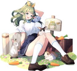  1girl :d arm_behind_head blue_eyes blue_skirt breasts brown_footwear button_gap carrot crate daphne_(eversoul) elf eversoul flower full_body game_cg gate green_hair hair_ornament hairclip kneehighs large_breasts light_blush medium_hair non-web_source official_alternate_costume official_alternate_hairstyle official_art on_grass open_mouth pink_flower pointy_ears ponytail rabbit school_uniform scrunchie shirt short_sleeves sign sitting skirt sleeves_rolled_up smile socks solo tachi-e taut_clothes taut_shirt thighs transparent_background white_flower white_shirt white_socks wing_collar wrist_scrunchie 