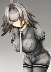  10s 1girl absurdres alternate_breast_size arms_behind_back bad_id bad_pixiv_id belt blonde_hair blush bodystocking breast_pocket breasts closed_mouth collared_shirt green_eyes grey_hair grey_necktie grey_pantyhose grey_shirt grey_shorts highres impossible_clothes impossible_shirt kemono_friends kurochibi large_breasts layered_sleeves leaning_forward long_sleeves low_ponytail medium_hair multicolored_hair necktie no_tail pantyhose pocket shirt shoebill_(kemono_friends) short_over_long_sleeves short_sleeves shorts side_ponytail smile solo standing 