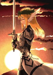 1girl armor blonde_hair breastplate closed_eyes cloud couter dungeons_&amp;_dragons faintxp from_side gauntlets head_wings head_wreath highres knight original paladin profile solo sunset sword weapon wings rating:Sensitive score:16 user:danbooru