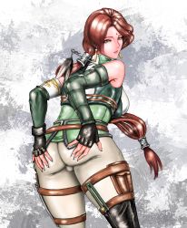  1girl absurdres armor artist_request ass ass_grab bare_shoulders breasts brown_hair cameltoe deep_skin feathers fingerless_gloves fingernails forehead_jewel from_behind gloves green_eyes highres large_breasts long_fingernails long_hair looking_at_viewer pants parted_lips ponytail sharp_fingernails shin_sangoku_musou shiny_skin skin_tight smile solo very_long_hair yue_ying 