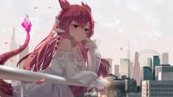  absurdres animal_ears armpit_peek bare_shoulders breasts cityscape cleavage collar dress highres jewelry large_breasts leaning leaning_forward leaning_on_object long_hair namiorii necklace pink_hair red_eyes scales see-through see-through_sleeves standing straight_hair tail vienna vienna_(vtuber) vienna_(vtuber)_(2nd_costume) virtual_youtuber white_dress 