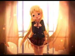 10s 1girl alternate_hairstyle ayakashi_(monkeypanch) backlighting blonde_hair blue_eyes blush chuunibyou_demo_koi_ga_shitai! curtains dekomori_sanae hair_down hand_on_own_chest highres letterboxed light_particles long_hair open_mouth own_hands_together plaid plaid_skirt school_uniform skirt smile solo very_long_hair window rating:Sensitive score:10 user:danbooru