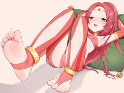  1girl absurdres anklet arabian_clothes armpits barefoot borrowed_character child commission covered_erect_nipples dancer feet foot_focus foreshortening gem goki_buri green_eyes hair_ornament highres jewelry lying original pale_skin pillow pixiv_commission presenting_foot red_hair see-through smile soles solo stirrup_legwear toe_ring toeless_legwear toes 