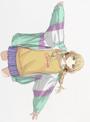 1girl blonde_hair braid fujita_kotone gakuen_idolmaster highres idolmaster jacket long_hair looking_at_viewer multicolored_clothes multicolored_jacket null_hamamo open_clothes open_jacket outstretched_arms shirt sideways simple_background skirt smile solo spread_arms twin_braids white_background yellow_eyes yellow_shirt 