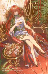  1girl bare_legs black_footwear black_jacket chair crossed_legs cup dress english_text flower high_heels highres himeko_(honkai:_star_rail) holding holding_cup honkai:_star_rail honkai_(series) jacket jessica_wijaya long_hair looking_at_viewer o-ring_dress red_hair red_lips red_nails single_bare_shoulder sitting smile solo table very_long_hair white_dress yellow_eyes 