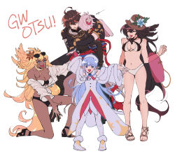  2boys 3girls :d absurdly_long_hair ahoge angel_wings armor arms_up bare_shoulders bikini black_bikini black_hair blonde_hair blue_eyes blue_hair boots breastplate breasts brown_hair cape carrying celebration cleavage clenched_teeth closed_eyes commentary_request cross-laced_sandals dark-skinned_female dark_skin dress elbow_gloves english_text eyewear_on_head feather_hair_ornament feathers fingerless_gloves flower full_body fur-trimmed_boots fur-trimmed_dress fur-trimmed_sleeves fur_trim gloves granblue_fantasy hair_between_eyes hair_flower hair_ornament halluel_(granblue_fantasy) hat head_down highres hood hood_down injury jacket large_breasts lily_(granblue_fantasy) long_hair looking_at_another looking_to_the_side lucio_(granblue_fantasy) malluel_(granblue_fantasy) medium_breasts messy_hair multiple_boys multiple_girls nodplus50pts official_art on_one_knee open_clothes open_jacket open_mouth outstretched_arms outstretched_hand pantyhose piggyback pointy_ears post_guild_war_celebration red_eyes red_ribbon ribbon sandalphon_(granblue_fantasy) short_hair short_sleeves sidelocks sketch smile strapless strapless_bikini sun_hat swimsuit teeth turtleneck very_long_hair white_bikini white_cape white_pantyhose wings 