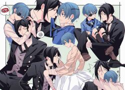  2boys al_(ahr) anger_vein bandaged_arm bandaged_leg bandages bed_sheet belt_collar black_hair black_necktie black_pants black_socks black_suit blue_eyes blue_jacket blue_ribbon blue_vest border brown_footwear butler buttons carrying carrying_person ciel_phantomhive closed_eyes collar collared_shirt earrings eye_contact eyepatch formal gloves green_background height_difference highres hug inset_border jacket jewelry kuroshitsuji looking_at_another male_focus mouth_hold multiple_boys multiple_views necktie one_eye_closed open_clothes open_jacket outline pants red_collar red_eyes ribbon ribbon_in_mouth sebastian_michaelis shirt smile socks speech_bubble spoken_object spoken_squiggle squiggle suit surprised sweatdrop teeth thought_bubble vest victorian white_border white_gloves white_outline white_shirt wide-eyed yaoi 