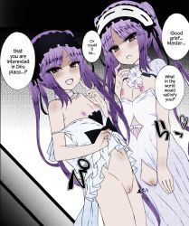 2girls cleft_of_venus clothes_lift colorized cum cum_on_hands dress dress_lift english_text euryale_(fate) fang fate/grand_order fate/hollow_ataraxia fate_(series) flat_chest headband highres jewelry kamita loli long_hair looking_at_viewer multiple_girls necklace nipples open_mouth purple_eyes purple_hair pussy siblings sisters smile smug stheno_(fate) text_focus third-party_edit twins twintails uncensored white_dress rating:Explicit score:108 user:ohnononononono