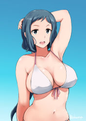 1girl arakure arm_at_side arm_behind_head arm_up bikini blue_background blue_eyes blue_hair breasts cleavage collarbone commentary_request covered_erect_nipples front-tie_bikini_top front-tie_top gradient_background gundam gundam_build_fighters iori_rinko large_breasts long_hair looking_at_viewer navel open_mouth ponytail simple_background smile solo stomach swimsuit teeth twitter_username upper_body upper_teeth_only very_long_hair white_bikini rating:Sensitive score:100 user:danbooru