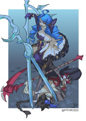 1girl absurdres ahoge artist_name black_bow blue_hair border bow breasts cleavage collarbone dress drill_hair ffforceee frilled_dress frills gloves grass grey_dress gwen_(league_of_legends) hair_bow high_heels highres holding holding_scissors holding_scythe kayn_(league_of_legends) large_breasts league_of_legends long_hair lying on_back open_mouth oversized_object puffy_short_sleeves puffy_sleeves purple_gloves scissors scythe short_sleeves smile standing_on_person teeth topless_male twin_drills upper_teeth_only white_border white_heels wrist_bow rating:Sensitive score:5 user:danbooru