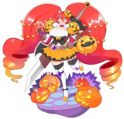  1girl :d artist_name beads belt big_hair boots bow breasts brown_belt brown_gloves candy choker claw_pose cleavage commentary drill_hair english_commentary fangs fingerless_gloves food full_body gloves hair_beads hair_between_eyes hair_ornament halloween hands_up highres holding horns huge_breasts huge_weapon jack-o&#039;-lantern jack-o&#039;-lantern_hair_ornament leg_up long_hair looking_at_viewer low_wings midriff open_mouth orange_bow orange_skirt original pointy_ears puffy_short_sleeves puffy_sleeves pumpkin short_eyebrows short_sleeves signature simple_background skirt smile solo standing standing_on_one_leg sword sword_behind_back theycallhimcake thick_eyebrows thigh_boots thighhighs twin_drills v-shaped_eyebrows very_long_hair weapon white_background white_footwear wings zettai_ryouiki  rating:Sensitive score:15 user:danbooru