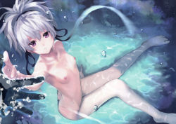1girl absurdres air_bubble arm_support barefoot black_gloves breasts bubble completely_nude darker_than_black from_above gloves hair_ribbon high_ponytail highres kawakami_rokkaku long_hair looking_at_viewer navel nipples nude parted_lips petite ponytail purple_eyes reaching reaching_towards_viewer ribbon silver_hair sitting small_breasts solo_focus thigh_gap underwater water yin_(darker_than_black) rating:Questionable score:228 user:danbooru