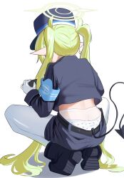  1girl armband back black_hat black_shorts black_tail blue_archive blue_armband boots butt_crack crop_top demon_tail downpants from_behind full_body gloves green_hair green_halo halo hat highlander_twintails_conductor_(blue_archive) highres long_hair looking_at_object nape panties pantyhose pantyshot peaked_cap pointy_ears polka_dot polka_dot_panties sashu_(thershr6s) shako_cap short_shorts shorts simple_background solo squatting tail twintails underwear white_background white_gloves white_panties white_pantyhose 