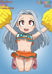  1girl 2021 arms_up blue_background boku_no_hero_academia cheering cheerleader cleft_of_venus clothes_lift eri_(boku_no_hero_academia) eyebrows female_focus flat_chest full_body gradient_background grey_hair highres holding holding_pom_poms horns jumping lewdlhama loli long_hair midair navel nipples no_panties open_mouth outstretched_arms pink_footwear pom_pom_(cheerleading) pom_poms pussy red_eyes shirt_lift simple_background single_horn skirt skirt_lift solo sweat teeth thigh_gap thighs uncensored upper_teeth_only  rating:Explicit score:275 user:MonsieurCinq
