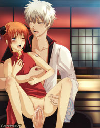  1boy 1girl age_difference blue_eyes blush clothed_sex contraceptive_patch cum cum_in_pussy cumdrip dkstudios05 ejaculation flat_chest gintama girl_on_top hetero kagura_(gintama) loli lying nude on_back open_mouth orange_hair penis pussy red_eyes sakata_gintoki saliva sex short_hair sweat tears testicles uncensored vaginal white_hair 