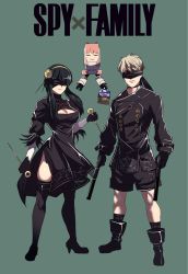  1boy 2b_(nier:automata) 2b_(nier:automata)_(cosplay) 2girls 9s_(nier:automata)_(cosplay) anya&#039;s_heh_face_(meme) anya_(spy_x_family) black_hair blindfold blonde_hair boots breasts cleavage cleavage_cutout clothing_cutout copyright_name cosplay full_body green_background high_heels highres hinghoi meme multiple_girls nier:automata nier_(series) pod_(nier:automata) robot simple_background spy_x_family standing thighhighs twilight_(spy_x_family) yor_briar 9s_(nier:automata)  rating:General score:36 user:danbooru