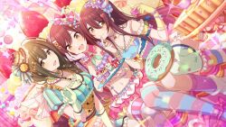 3girls breasts brown_eyes brown_hair cherry cleavage cup doughnut food fruit game_cg gloves idolmaster idolmaster_shiny_colors jewelry kuwayama_chiyuki multiple_girls navel necklace official_art open_mouth osaki_amana osaki_tenka siblings sisters sitting strawberry teacup thighhighs