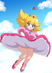  1girl bare_legs blonde_hair blue_brooch blue_sky blush breasts clothes_lift cloud cloudy_sky crown dooon_chaaan double-parted_bangs dress dress_lift earrings elbow_gloves gloves high_heels highres jewelry large_breasts long_hair mario_(series) nintendo pink_dress pink_footwear princess princess_peach puffy_short_sleeves puffy_sleeves short_sleeves sky solo sphere_earrings super_mario_bros._2 upskirt white_gloves 