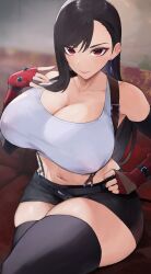 1girl armpit_crease bare_shoulders black_hair black_skirt black_sleeves black_thighhighs blurry blurry_background breasts cleavage closed_mouth collarbone covered_erect_nipples cowboy_shot crop_top crossed_legs detached_sleeves earrings final_fantasy final_fantasy_vii fingerless_gloves gloves hair_behind_ear hand_on_own_hip hand_up jewelry kataku_musou large_breasts long_hair looking_at_viewer materia midriff miniskirt navel red_eyes red_gloves single_earring single_sidelock sitting skirt smile solo square_enix suspender_skirt suspenders swept_bangs tank_top teardrop_earring thighhighs thighs tifa_lockhart white_tank_top rating:Sensitive score:28 user:cp456000