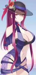  1girl bare_shoulders black_hat blue_one-piece_swimsuit breasts casual_one-piece_swimsuit cleavage clothing_cutout dress_swimsuit fire_emblem fire_emblem_engage fire_emblem_heroes flower hat highres ivy_(fire_emblem) ivy_(summer)_(fire_emblem) large_breasts long_hair looking_at_viewer mole mole_under_mouth n_54 navel nintendo official_alternate_costume one-piece_swimsuit purple_eyes purple_hair see-through_headwear solo stomach stomach_cutout swimsuit 