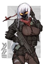  1girl ammunition_pouch assault_rifle bodysuit breasts commentary_request cowboy_shot english_text gloves gluteal_fold grey_hair gun highres holding holding_gun holding_weapon jacket juerucj large_breasts load_bearing_vest long_hair looking_at_viewer magazine_(weapon) military no_mouth no_nose original pouch rifle robot_girl scarf science_fiction solo strap tactical_clothes trigger_discipline weapon yellow_eyes  rating:Sensitive score:13 user:danbooru