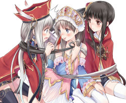  3girls :p ^^^ atelier_(series) atelier_judie atelier_totori bare_shoulders binding black_hair blood blush brown_eyes brown_hair commentary_request female_focus grabbing_another&#039;s_hair hair_ornament hat highres in-franchise_crossover judith_volltone long_hair mimi_houllier_von_schwarzlang multiple_girls nosebleed open_mouth purple_eyes silver_hair suzushiro_yukari thighhighs tongue tongue_out totooria_helmold very_long_hair white_legwear you_gonna_get_raped yuri 