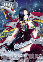  10s 1girl 2013 absurdres alternate_costume black_hair blue_eyes boa_hancock breasts christmas cleavage dress earrings fur_trim gloves highres jewelry large_breasts long_hair looking_at_viewer one_piece red_thighhighs salome_(one_piece) sasori_(pixiv920534) short_dress sitting snake snow snowing solo thighhighs thighs tongue  rating:Sensitive score:20 user:vjfri