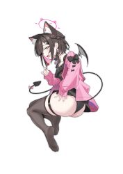  1girl absurdres animal_ear_fluff animal_ears ass bell black_bow black_hair black_panties black_shirt black_tail black_thighhighs black_wings blush bow braid bright_pupils candy cardigan cat_ears cat_hair_ornament colored_inner_hair commentary demon_tail demon_wings ear_blush earrings english_commentary fang feet food hair_bow hair_ornament halo hand_on_own_ass highres holding holding_candy holding_food holding_lollipop invisible_chair jewelry jingle_bell lollipop looking_at_viewer mini_wings multicolored_hair neck_bell no_pants no_shoes off_shoulder open_cardigan open_clothes open_mouth original panties pink_bow pink_cardigan pink_eyes pink_halo saliva saliva_trail shirt short_hair simple_background sitting skin_fang sleeves_past_wrists smile soles solo tail tamago_(eva1314056) thigh_strap thighhighs toes two-tone_hair underwear white_background white_pupils wings  rating:Sensitive score:2 user:danbooru